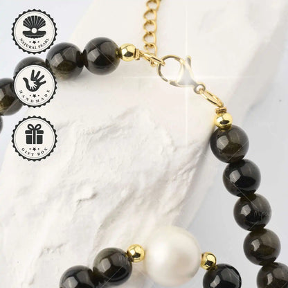 MYSOYA Gold Obsidian Edison Freshwater Pearl Necklace 10-11mm with Gold Extender Chain, Gift Box, Birthday & Anniversary Gift