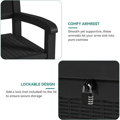 70 Gallon Deck Bench with Storage, Outdoor Storage Box Bench with Armrests for Patio Garden Pool Porch, Waterproof&Lock
