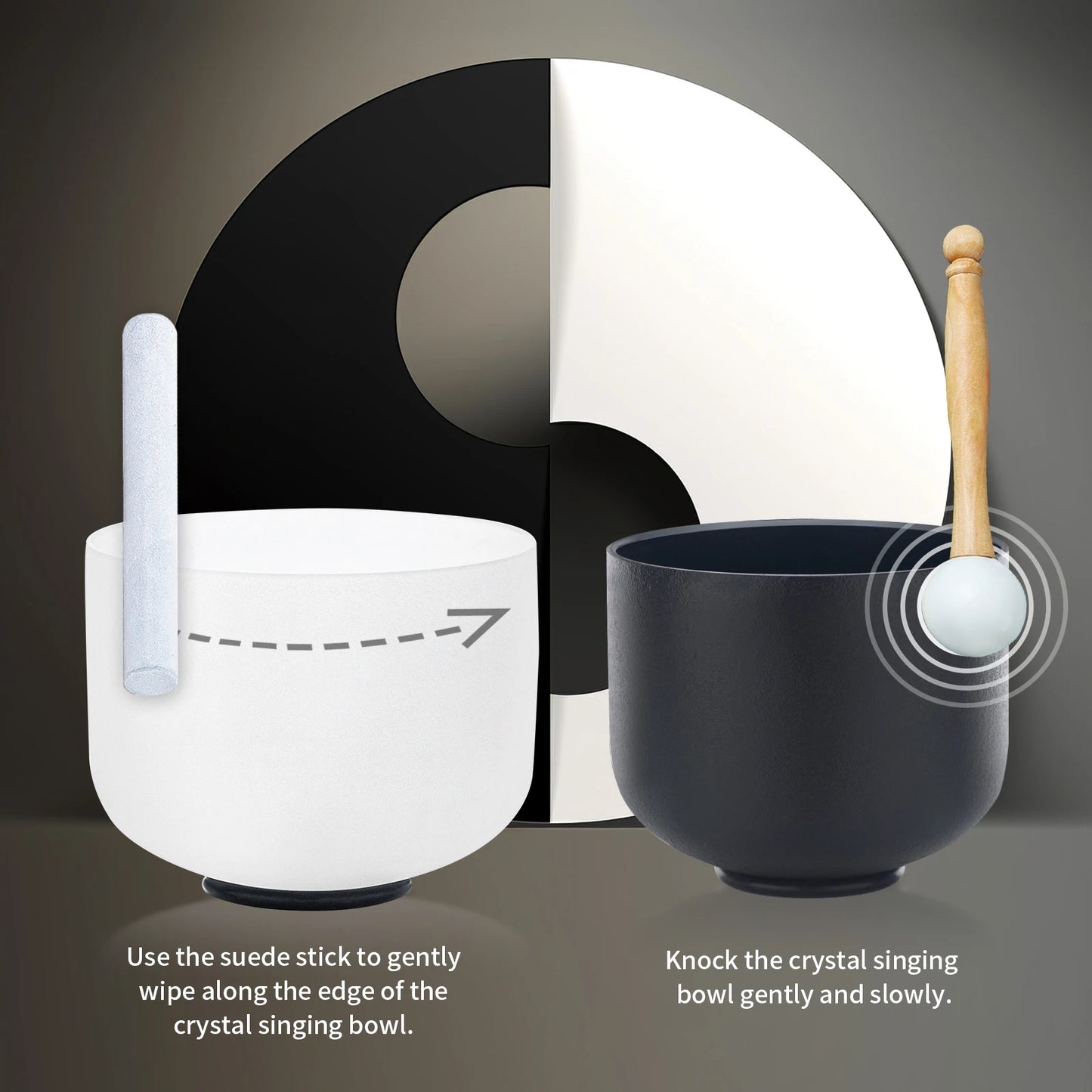 2 PCS Yin and Yang 432 Hz Crystal Singing Bowl Set 8"A Black and 10"F White Sound Meditation Mutual Attraction Chakra Bowls wit