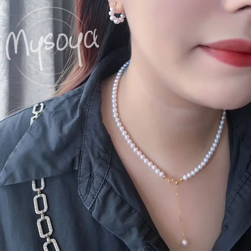 MYSOYA Japan Akoya Seawater Pearl Necklace 5.5-6 Mm Golden S925 Silvery Chain With Gift Box For Her/ Him For Birthday Wedding