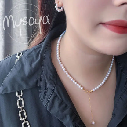 MYSOYA Japan Akoya Seawater Pearl Necklace 5.5-6 Mm Golden S925 Silvery Chain With Gift Box For Her/ Him For Birthday Wedding
