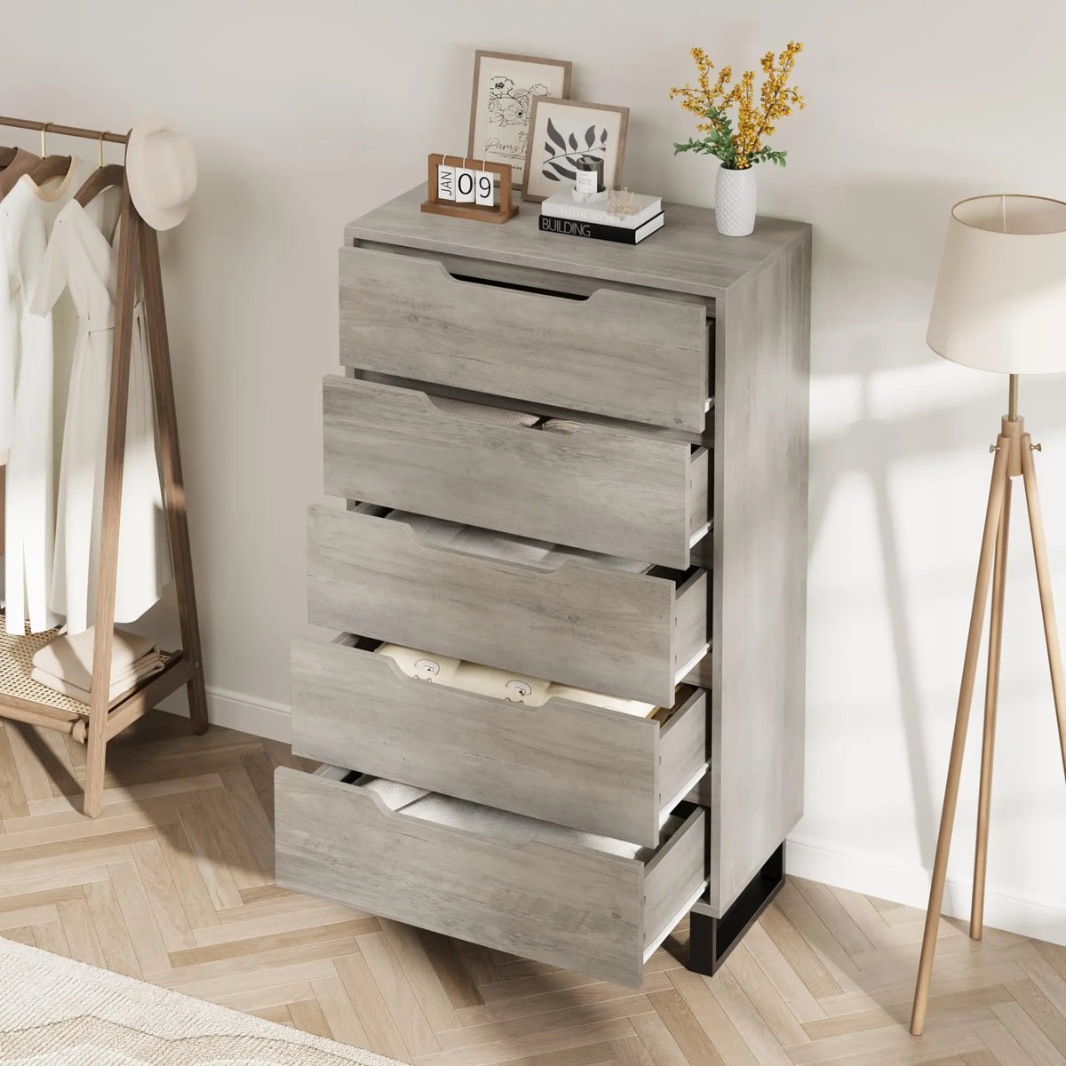 5 Drawer Dresser For Bedroom Freestanding Horizontal Drawer Storage Unit Wooden Closet Chest For Living Room Hallway Entryway