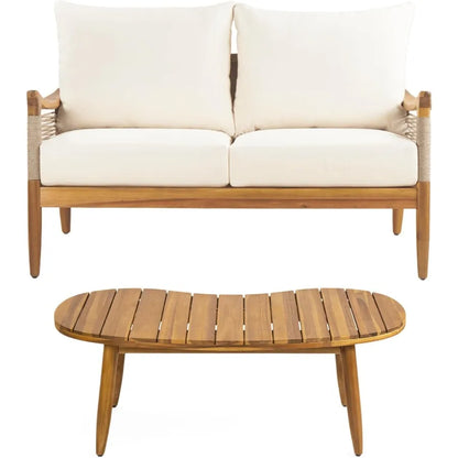 2 Pieces Outdoor Patio Furniture Set with Woven Rope Design Thick Cushioned Loveseat and Acacia Wood Coffee Table for Backyard