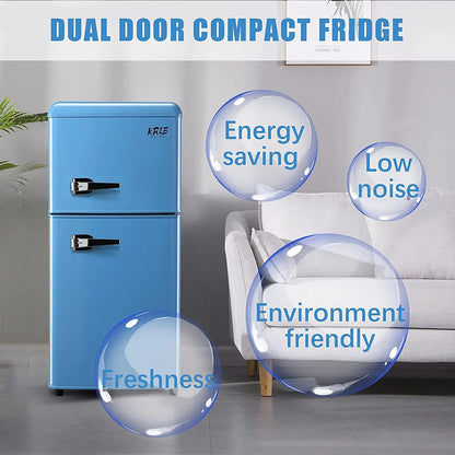 3.2 Cu.ft  Double Door Compact Refrigerator, Mini Fridge with Freezer, Retro Design Small Drink Chiller for Home, Office