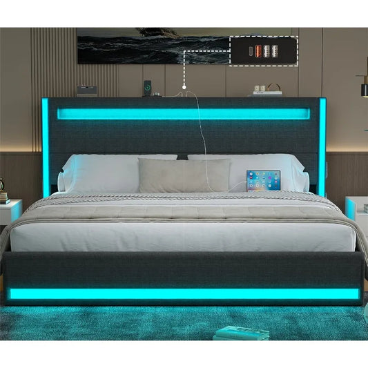 King Size Bed Frame and Adjustable Headboard Light up King Size Platform Bed Frame with TypeC USB Charging Station LED Upholste