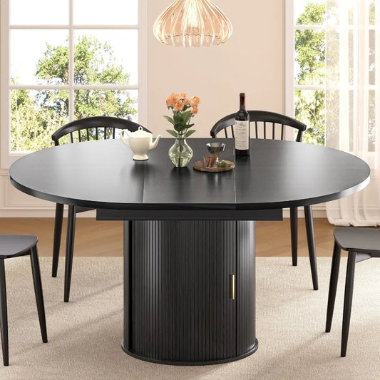 47"-63" Extendable Round Dining Table for 4 8 with Storage, Mid Century Modern Farmhouse Wood Oval Dinner Table with Pedestal B