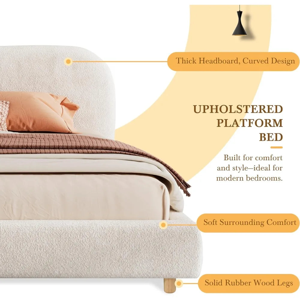 Merax King Size Teddy Fleece Thick Fabric Upholstered Platform Bed with Curved Shaped Headboard, Wood Bed Frame with Solid Round