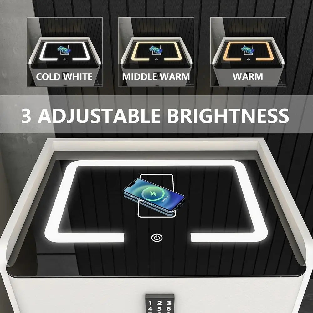 Bedroom LED Nightstand with Charging, Security Code, Wireless Charging, Bluetooth Speaker & USB Port (White)
