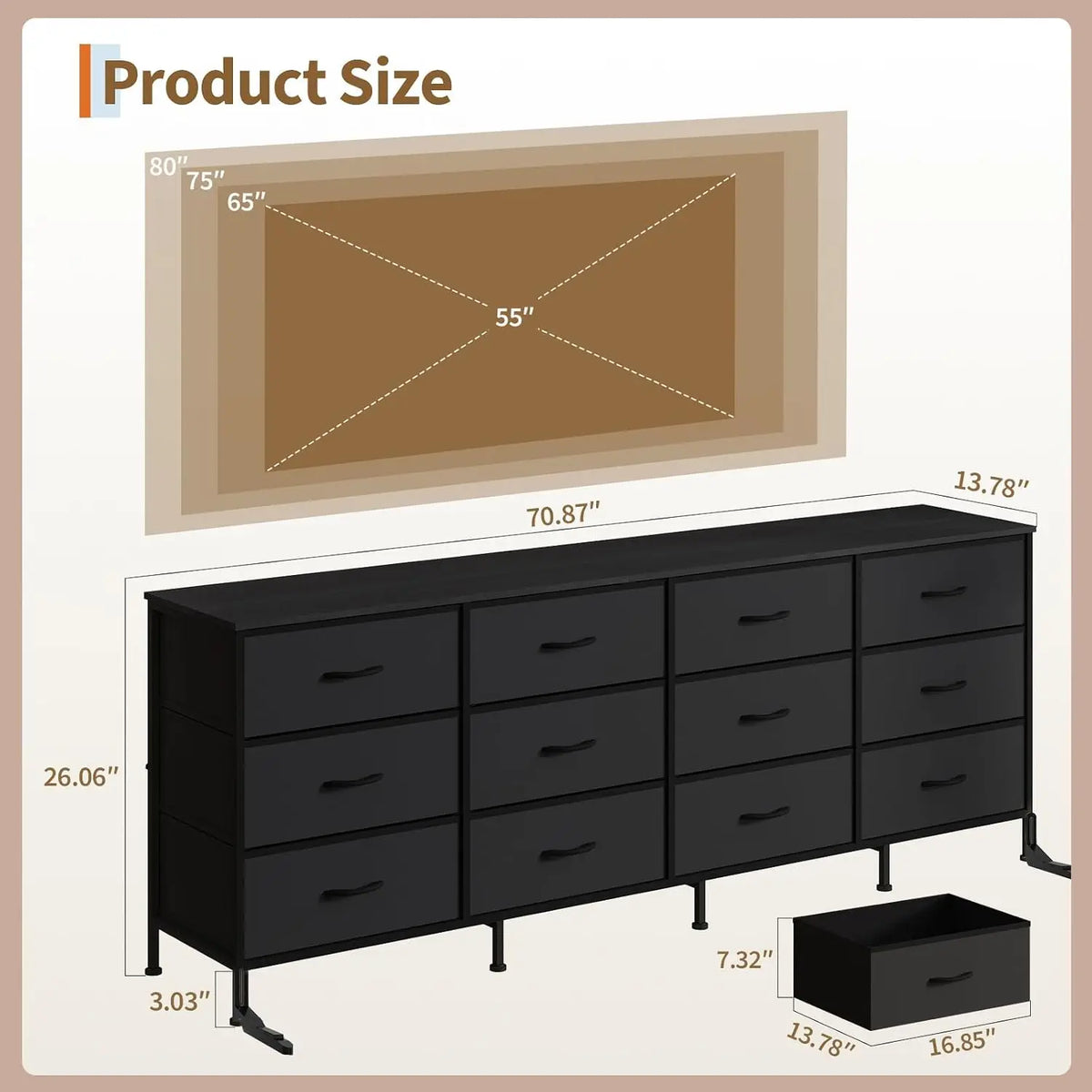 12 Drawer Dresser for Bedroom, 70” Long TV Stand for 65, 75, 80 Inch TV | Dresser with Charging Station, Large Entertainment Center for Living Room, Entryway