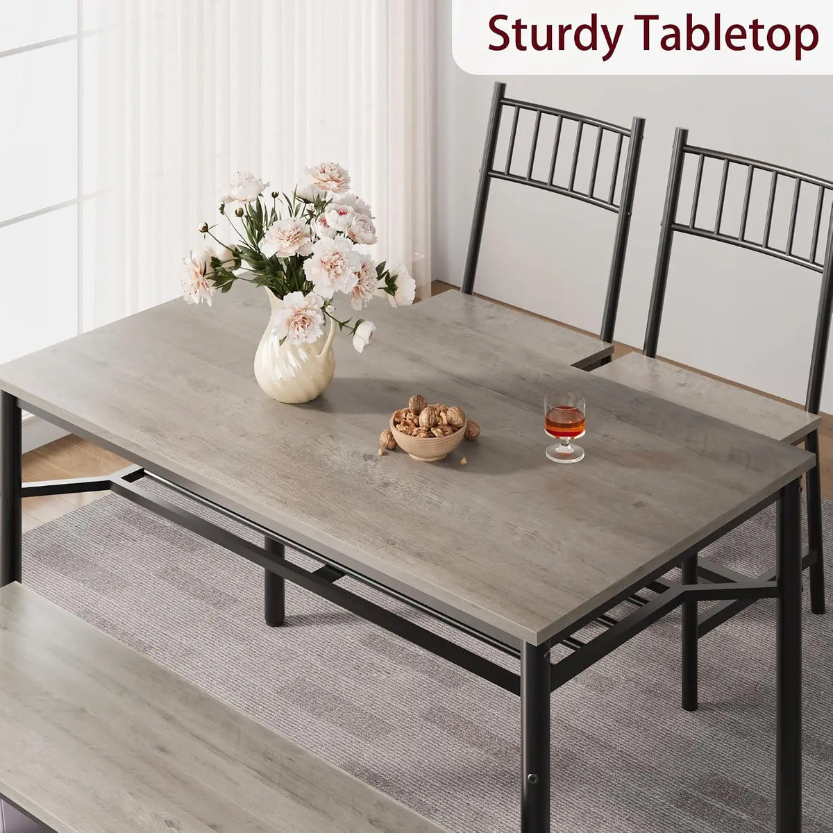 4-Piece Dining Table Set for 4 – Includes Bench & Chairs, Built-in Storage, Space-Saving Design for Apartments and Dining Rooms, Gray
