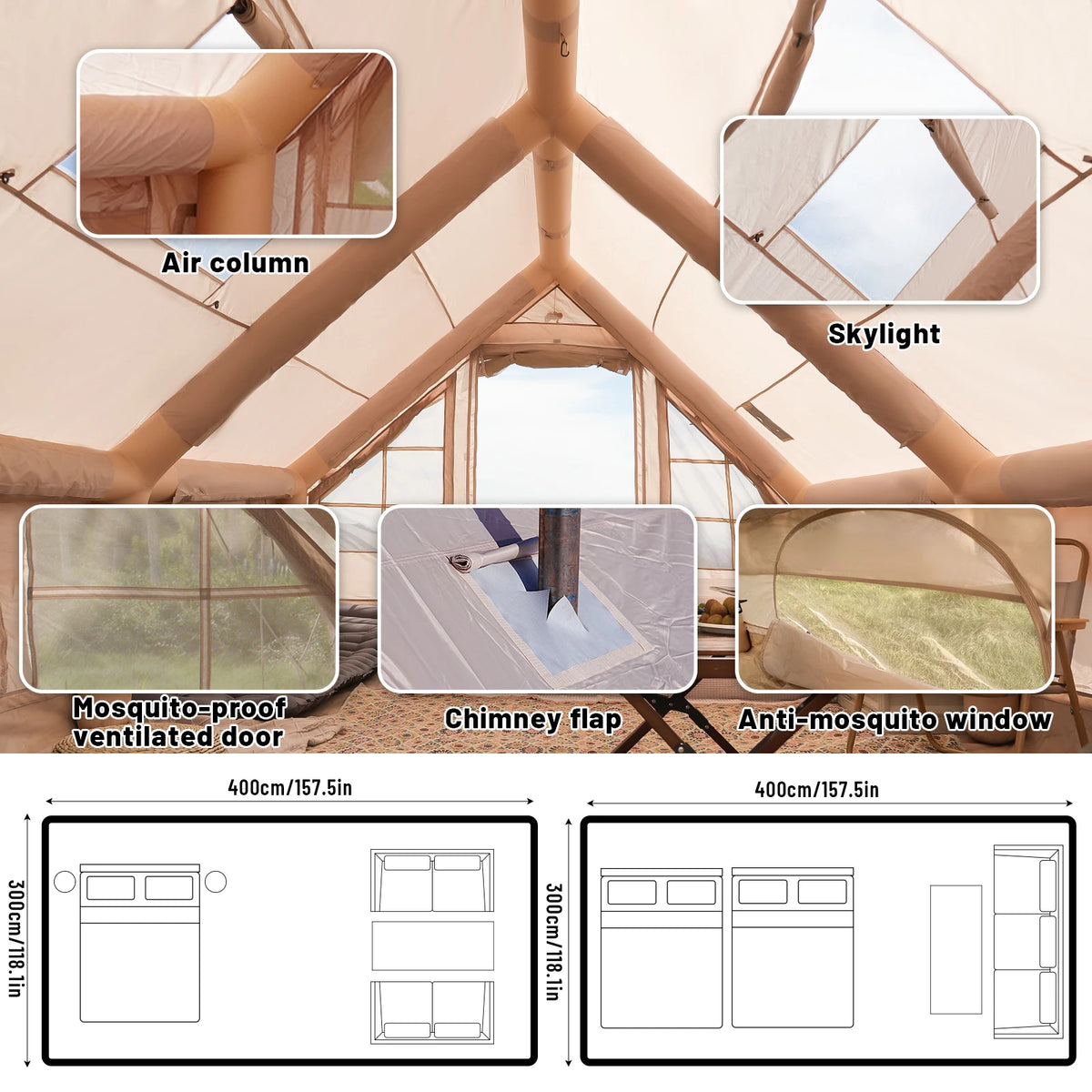 PAKICETUS Luxury Inflatable Glamping Tent 4 Season Anti-Snow Spacious Air Tent with Manual Hand Pump, Easy Setup Polyester Fiber Shelter for Outdoor Camping & Backyard Activities