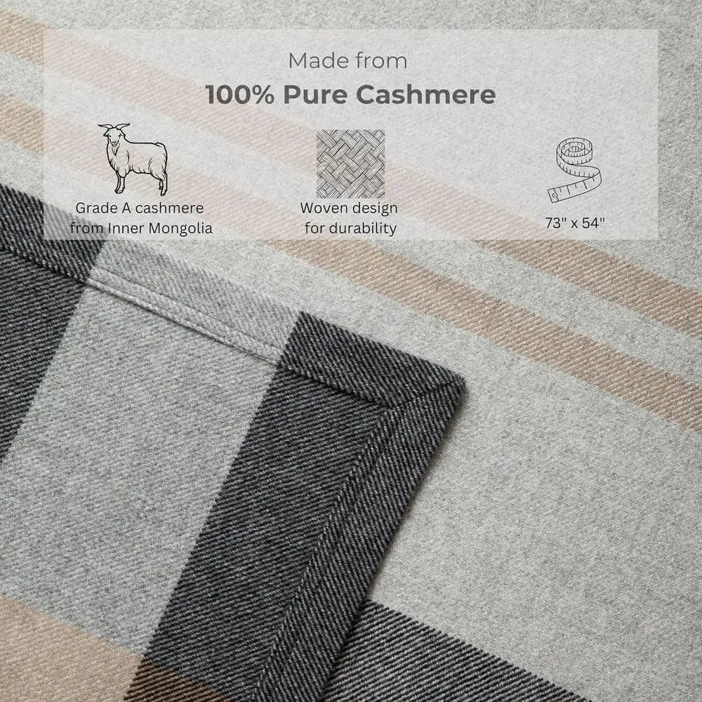 100% Pure Cashmere Throw Blanket for Couch, Sofa, & Bed, Ultra Soft Woven Cashmere Blanket Throw, Large Full Size 73”x53”, Gray