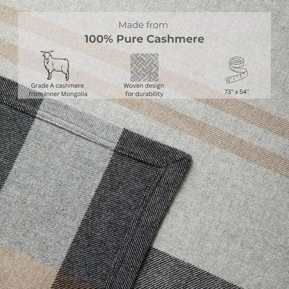100% Pure Cashmere Throw Blanket for Couch, Sofa, & Bed, Ultra Soft Woven Cashmere Blanket Throw, Large Full Size 73”x53”, Gray