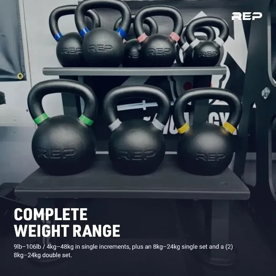 Fitness Kettlebell Set and Singles, to 2, 9lb to 53lb Weight Range, Cast Iron, Strength Exercise Training, Home Gym, Power Work