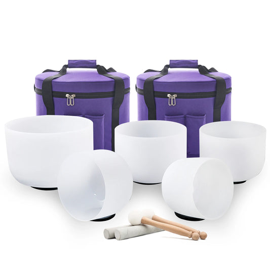 Crystal Singing Bowl Set, 432hz High Pitch C# D# F# G# A# 8-12 Inch 5Pcs Frosted Quartz Sound Bowls for Yoga