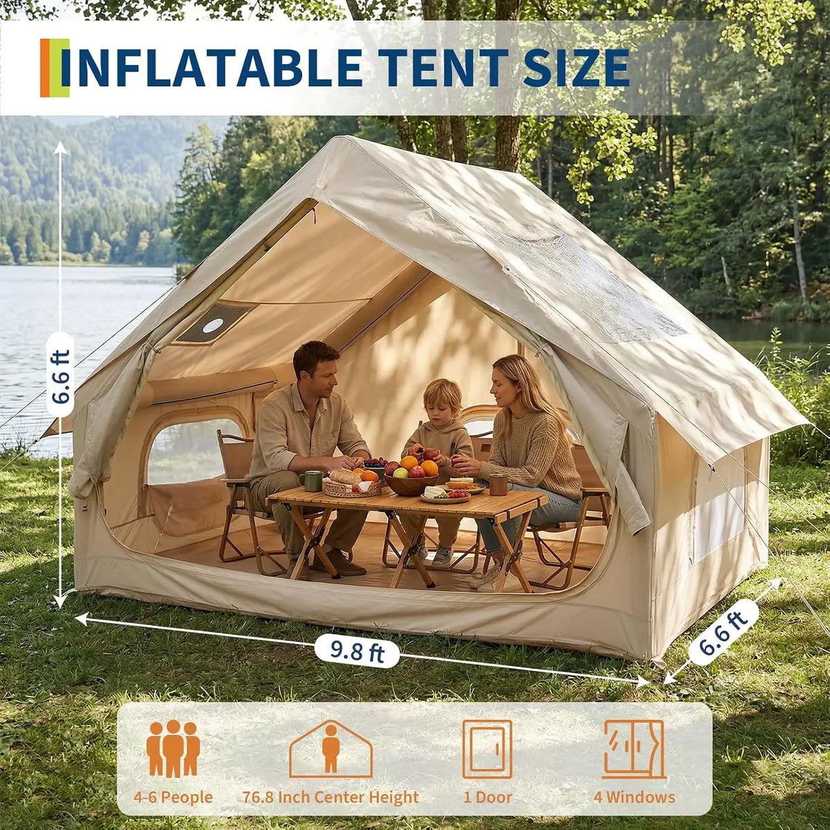 Tacleekii Inflatable Camping Tents Blow Up Tent for 4-6 People Heavy-Duty Oxford Fabric Glamping House Tent, Easy Setup Air Cabin Tent with TPU Air Beams for Family Outdoor Camping