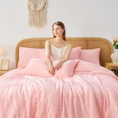 Pink Queen Comforter Set 7 Pieces, Luxury Seersucker Bed in a Bag Queen Size for All Seasons, Soft Bedding Set with Comforter, F
