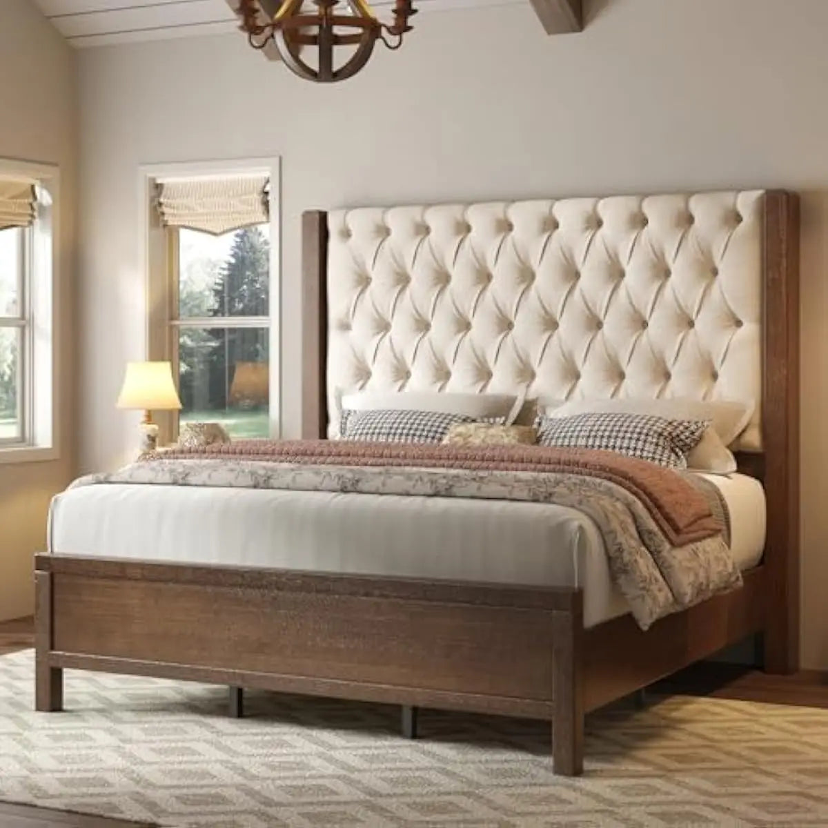 King Size Solid Wood Bed Frame,57' Wingback Headboard,Walnut