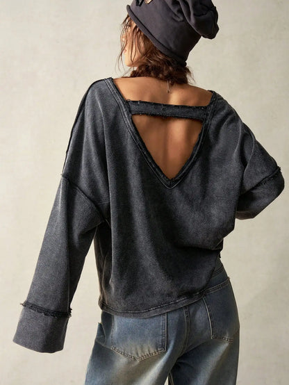 Women's V-Neck Backless Loose Sweatshirt with Flare Sleeves, Casual Long Sleeve Top