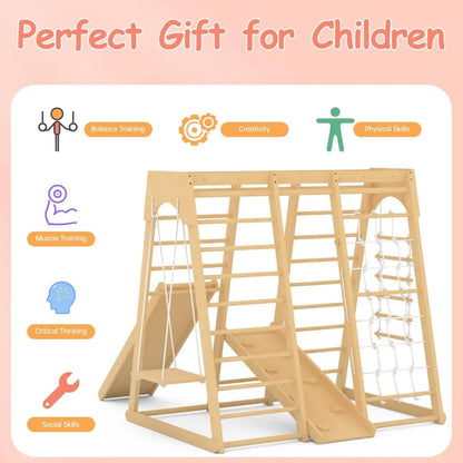 Toddler Jungle Gym 66" Indoor Playground Set with Swing Rock Climb Wall Slide Monkey Bars Wood and Rope Ladder Rope Wall Ladder