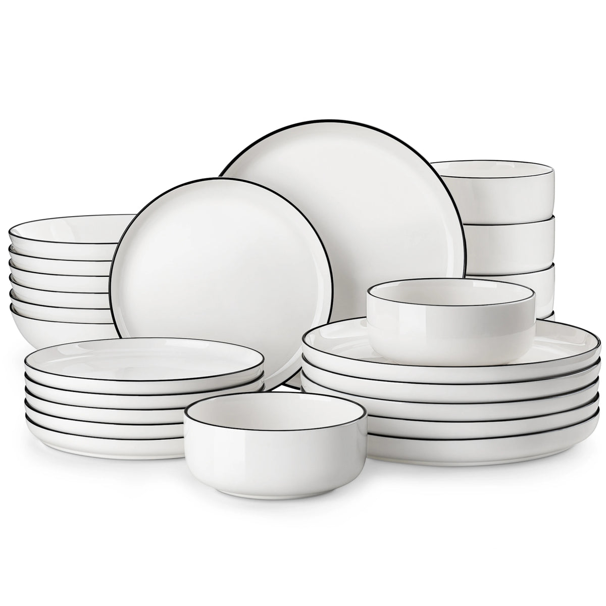 MALACASA 24/48Piece Ceramic Plates Black Rim Porcelain Dinnerware Set  6/12 Pcs Dinner/Soup/Dessert Plates/Bowl Service for 6/12