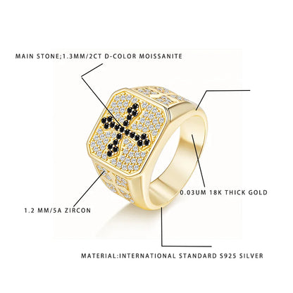 Men's S925 Silver Ring with 2CT D-Color Moissanite & Black Zircon Cross Design 18K Gold Plated Luxury Party Jewelry