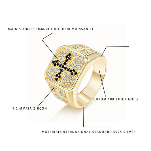 Men's S925 Silver Ring with 2CT D-Color Moissanite & Black Zircon Cross Design 18K Gold Plated Luxury Party Jewelry