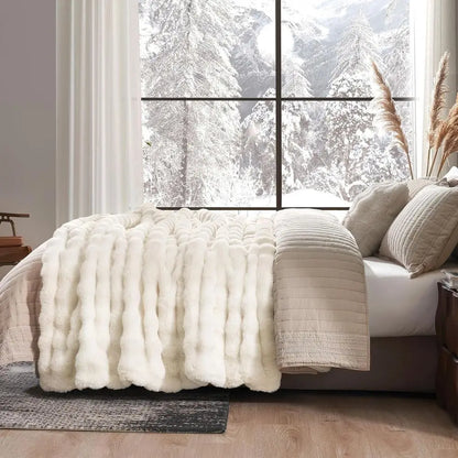 Faux Fur Throw Blanket for Bed, Ultra Soft Fuzzy Plush Bubble Blanket for Bedroom & Bed Decor, 90x90, Cream White