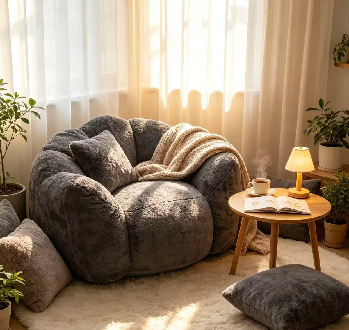 Large Petal Cloud Lounge Chair, Artificial Rabbit Velvet Lazy Sofa, Cozy Wrap-Arm Single Seat for Bedroom, Living Room & Gaming