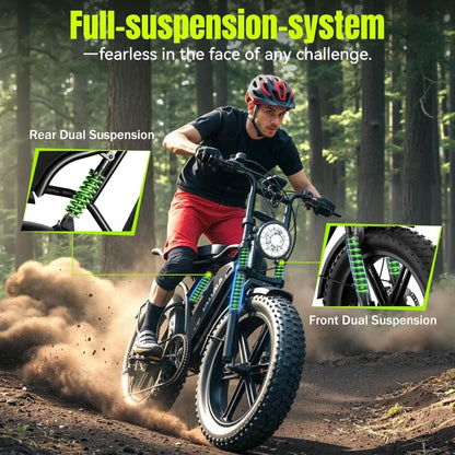 Electric Bike for Adults-1500W Peak Motor, 32MPH Off-Road Fat Tire Ebike, 20"x4.0" Tires, 48V 15/25AH Battery, Dual Suspension