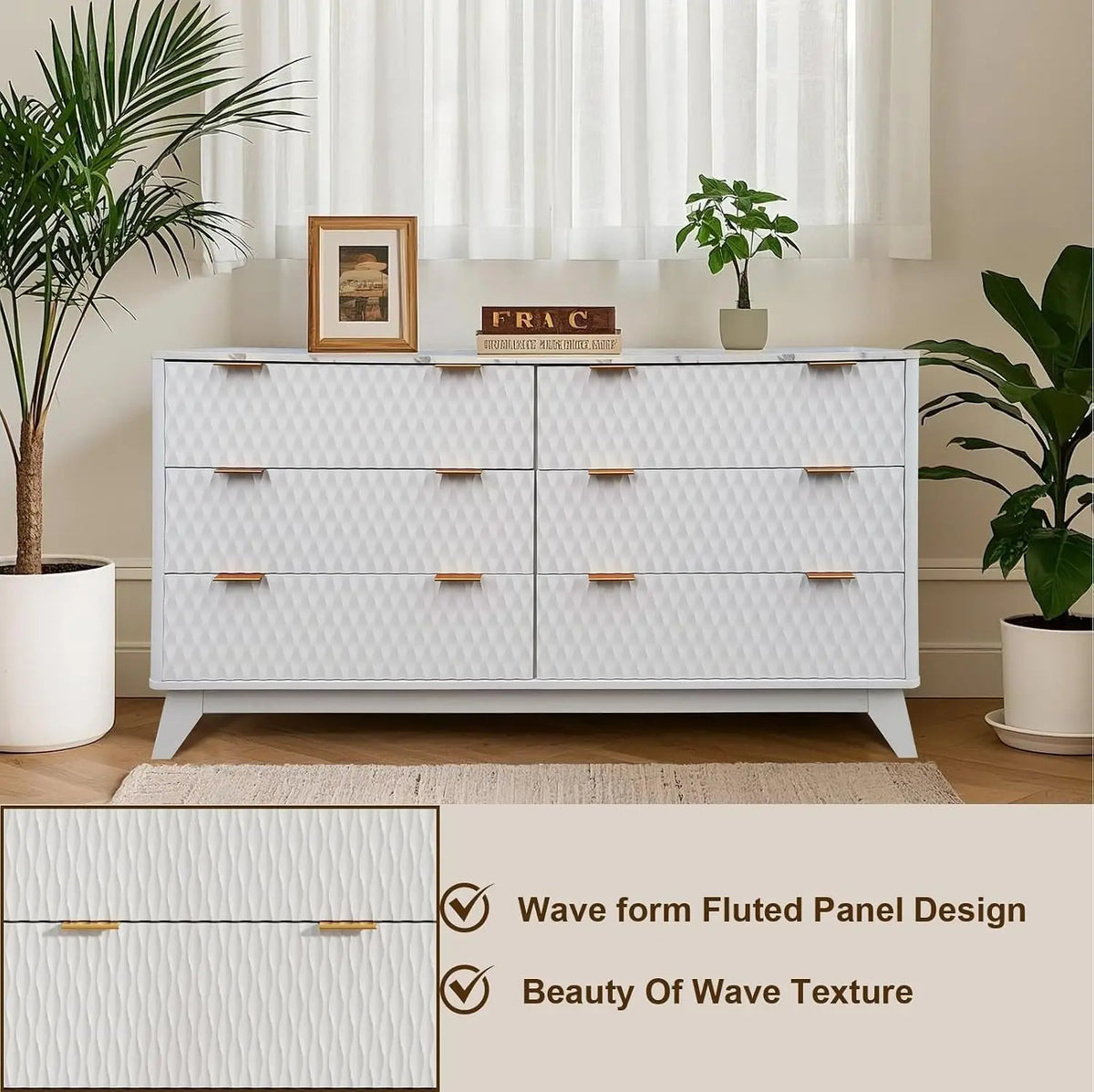Fluted Dresser for Bedroom, Modern 6 Drawer Dresser, Double Chest of Drawers with Faux Marble Top, Wood Storage Cabinet for Living Room, Hallway, Entryway