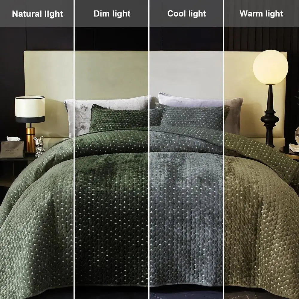King Size Velvet Quilt, Oversized Striped Comforter Set, Luxurious Lightweight Coverlet with 2 Shams, 96x106 Army Green Quilt Se