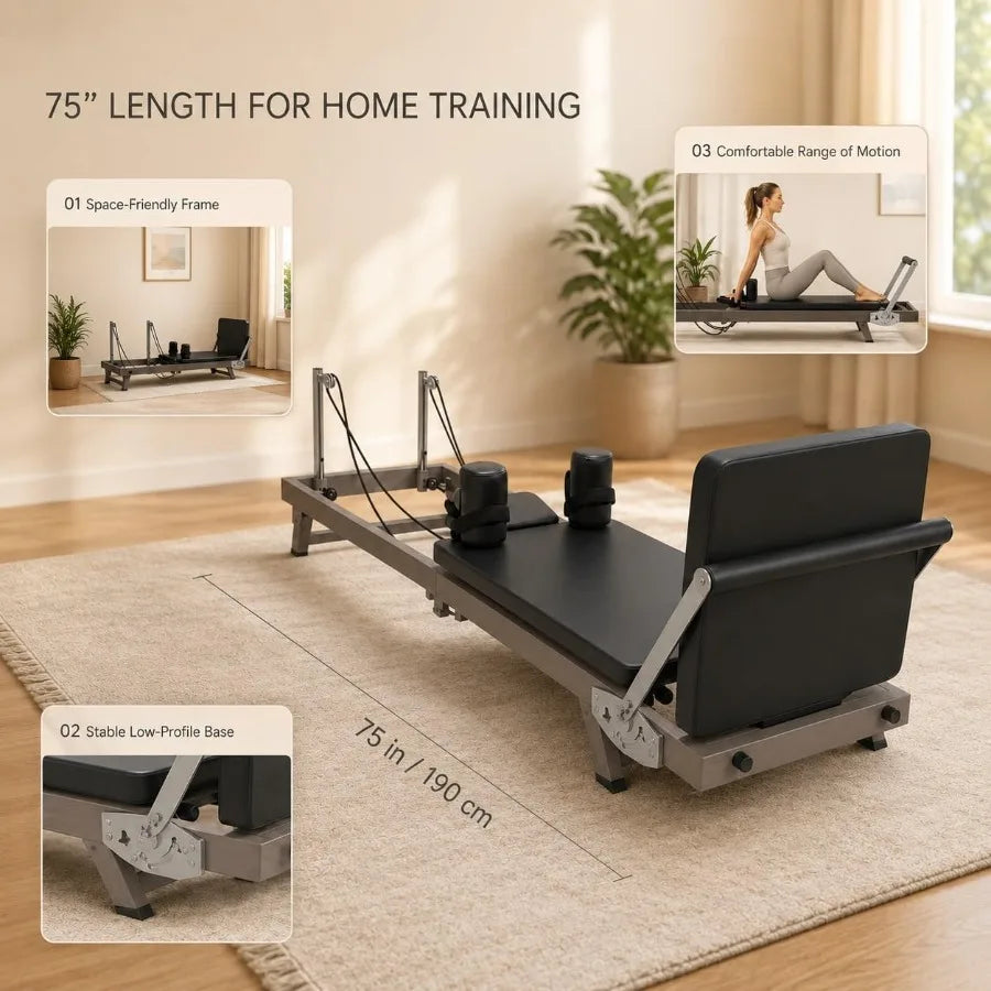 75" Foldable Pilates Reformer 90% Pre-Assembled Home Gym Women Men Workouts Bundle, Dual Resistance System Springs + Latex,Jump