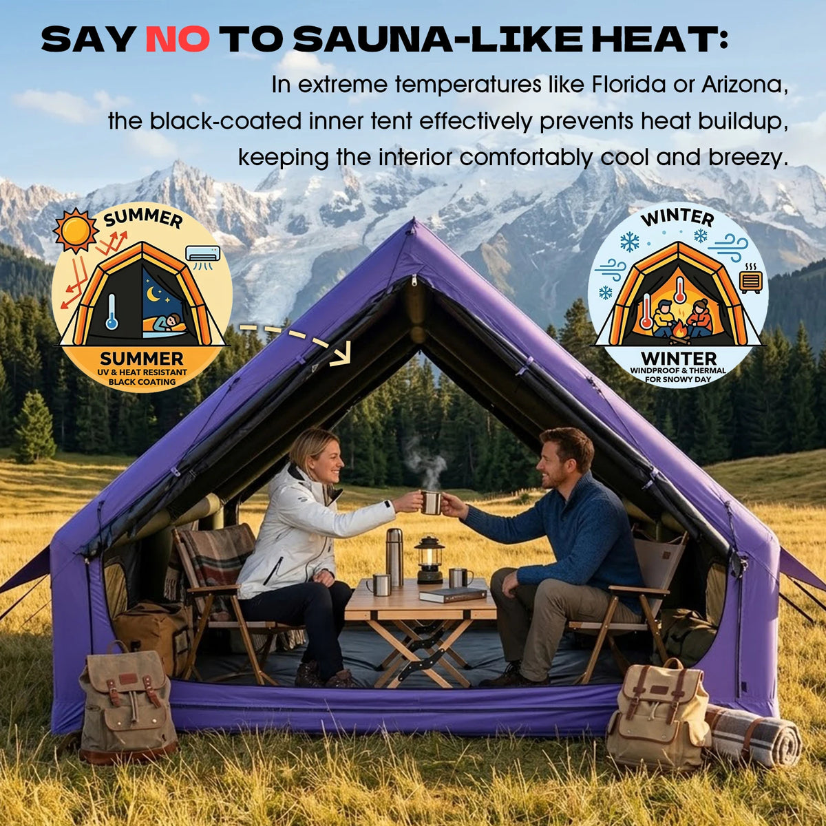SENLEETO 129 Square Feet Black Coating Inflatable Tent Luxury Glamping House Tent 4-8 Person 4 Season Blow Up Camping Tent with Stove Jack AC Port Air Tent with Moisture-proof Mat and Fireproof Mat