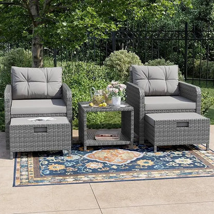 Outdoor Patio Wicker 5-Piece Furniture Set, No Assembly Required All-Weather Rattan Conversation Bistro & Storage Table for Gard