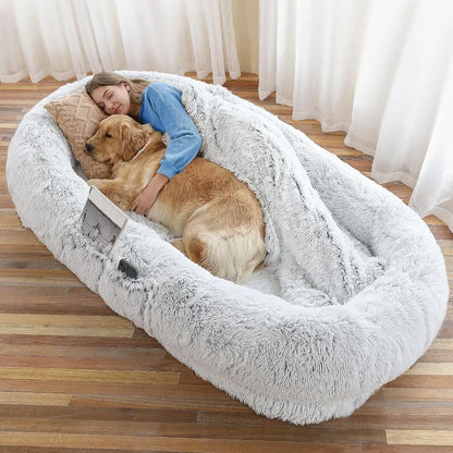 Dog Bed - 71x45x12 Fits You & Pets, Washable Faux Fur, Orthopedic, Plump Pillow, Blanket, Strap - Grey