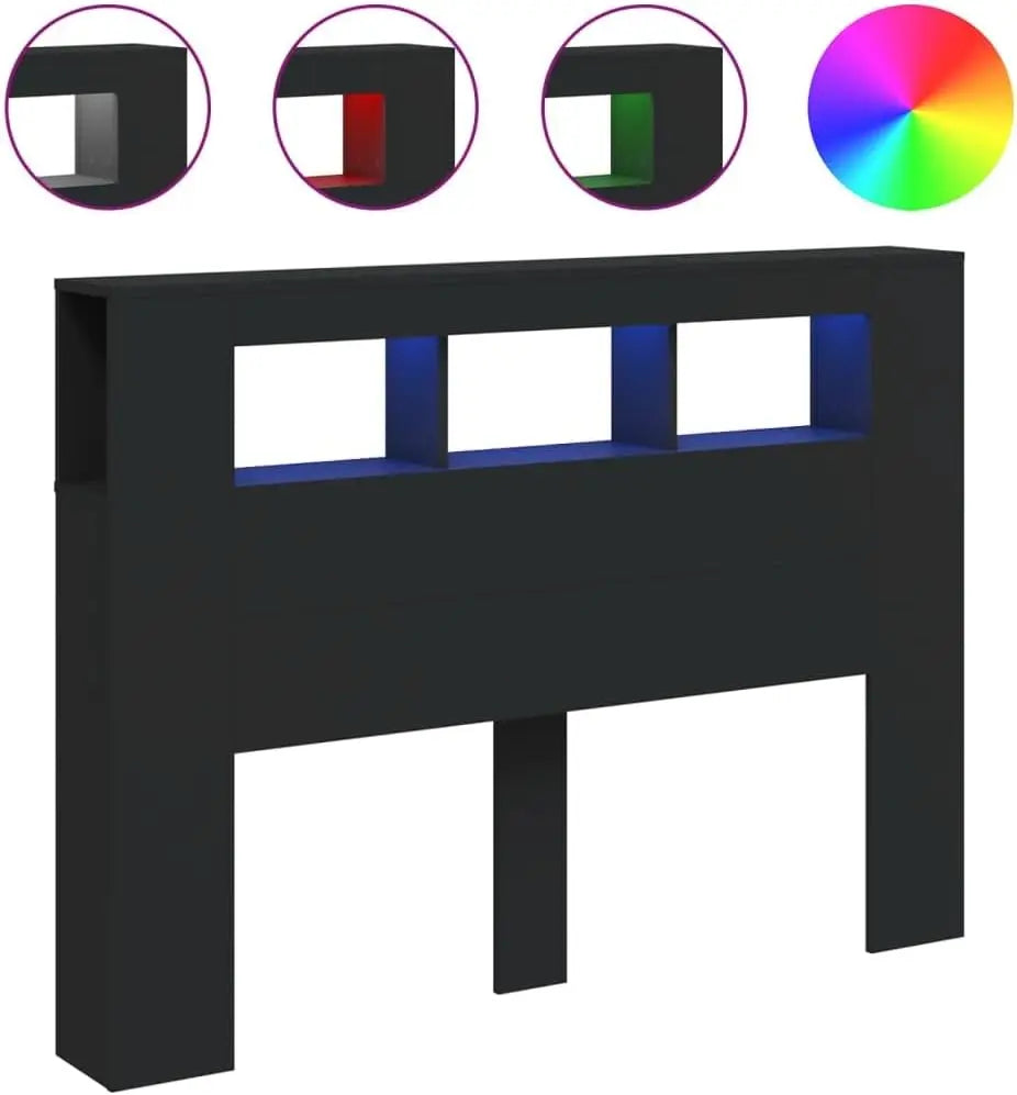 Headboard for Queen Size Bed, Black Engineered Wood, 140cm Wide, RGB Lights, Wall Mounted, Storage She