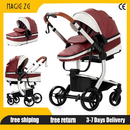 PU Leather Baby Stroller 2 in 1 Newborns Travel System Carriage Luxury Compact Baby Cars Pram without Car Seat Watertight Buggy