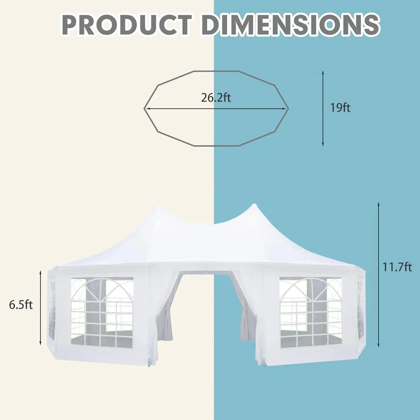 26x19ft Party Tent, White Wedding Tent, Decagonal Heavy Duty Canopy with 8 Removable Sidewalls, 8 Church Windows