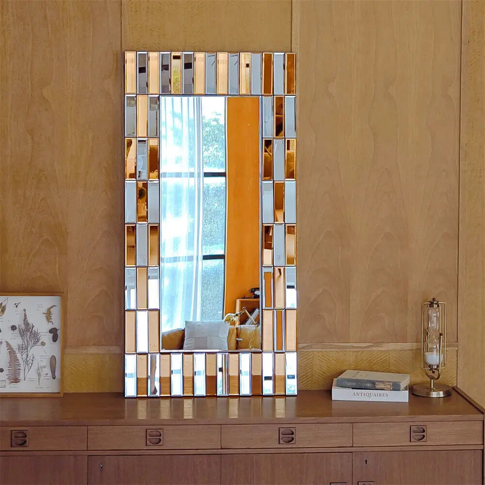 Stylish Wall Decor Mirror Rectangular Accent Mirror Horizontal/Vertical Hanging Sunburst Silver Tawny Beveled Glass for Home