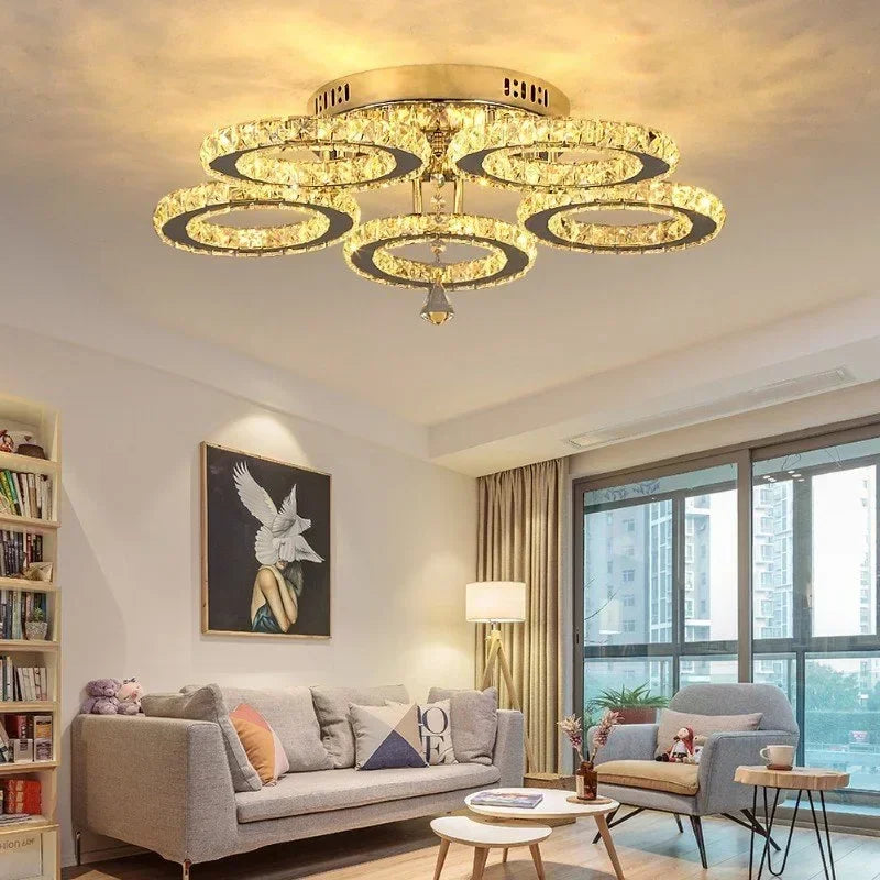 LED Lustre Chrome Crystal Ceiling Chandelier Creative Circular Restaurant Dining Room Bedroom Pendant Light Modern Home Decor