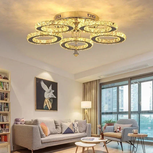 LED Lustre Chrome Crystal Ceiling Chandelier Creative Circular Restaurant Dining Room Bedroom Pendant Light Modern Home Decor