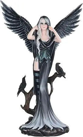 Fantasy Dark Angel Fairy Statue with Two Crows, 24H Large Decorative Sculpture for Home Garden
