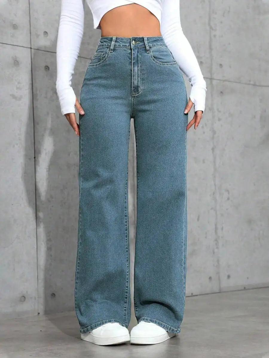 High Waist Wide Leg Washed Denim Jeans for Women - Casual Streetwear Style