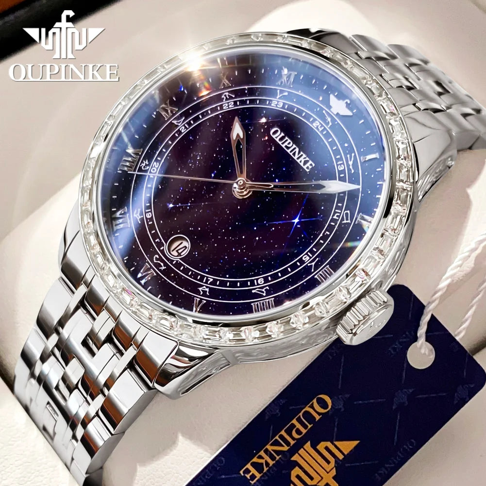 OUPINKE Top Luxury Brand Women's Watches Calendar Automatic Mechanical Watch Starry Sky Dial Romantic Gift Female Wristwatch
