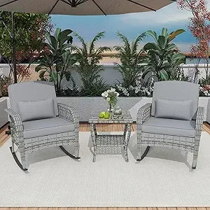 3-Piece Patio Furniture Set,Outdoor Rocking Chairs Set of 2, Patio Conversation Set with 2 Wicker Chairs with Rattan Coffee Tabl