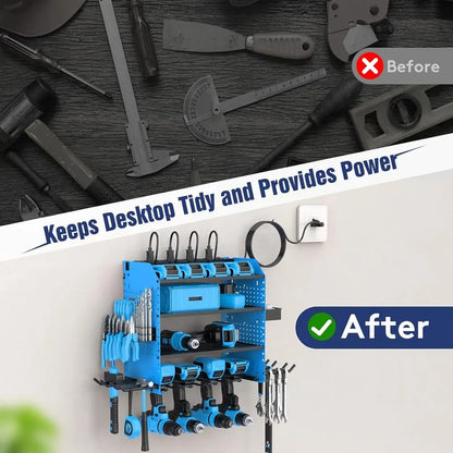 4-Tier Adjustable Wall-Mounted Power Tool Organizer with Charging Dock, Holds Drills, Hooks, and Storage Boxes