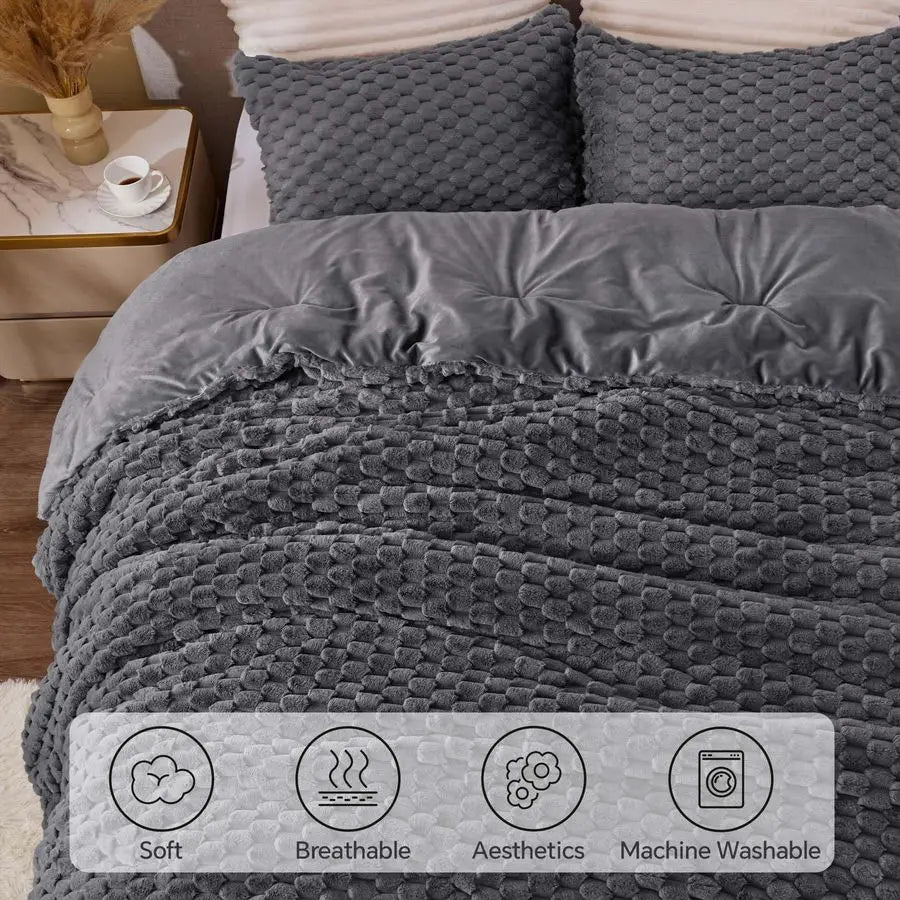 Fluffy Queen Comforter Set Grey Fleece Soft Comforter for Queen Size Bed, Luxury Warm Bedding Set for Winter, Fuzzy Bed Set 3 Pi