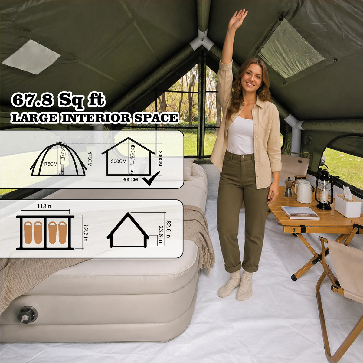 SENLEETO Inflatable Camping Tent 2-4 Person Waterproof 420D Oxford Cloth Glamping Family Tent with Stove Jack & AC Hole, Easy Setup Air Tent with Manual Pump & Detachable Extension Rain Poncho Canopy