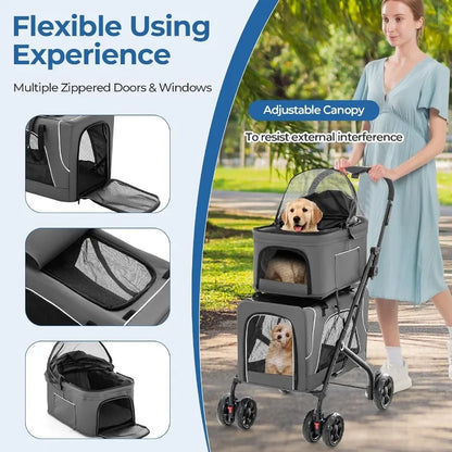 Double Dog Stroller for 2 Dogs Detachable Carriers Safety Belt 4 Lockable Wheels Pet Travel Carrier Strolling Cart Folding Cat